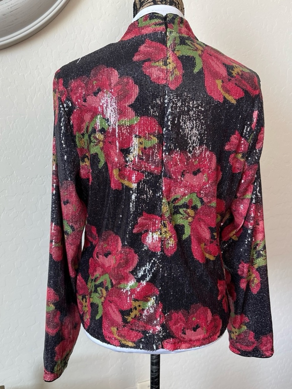 Nicole Miller Allover Tiny Clear Sequins Flowers Mock Neck Lined Top XL - Picture 2 of 8